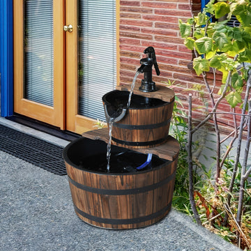 2-Tier Wooden Barrel Water Fountain with Electric Pump Cascading Feature Outdoor Indoor Decoration