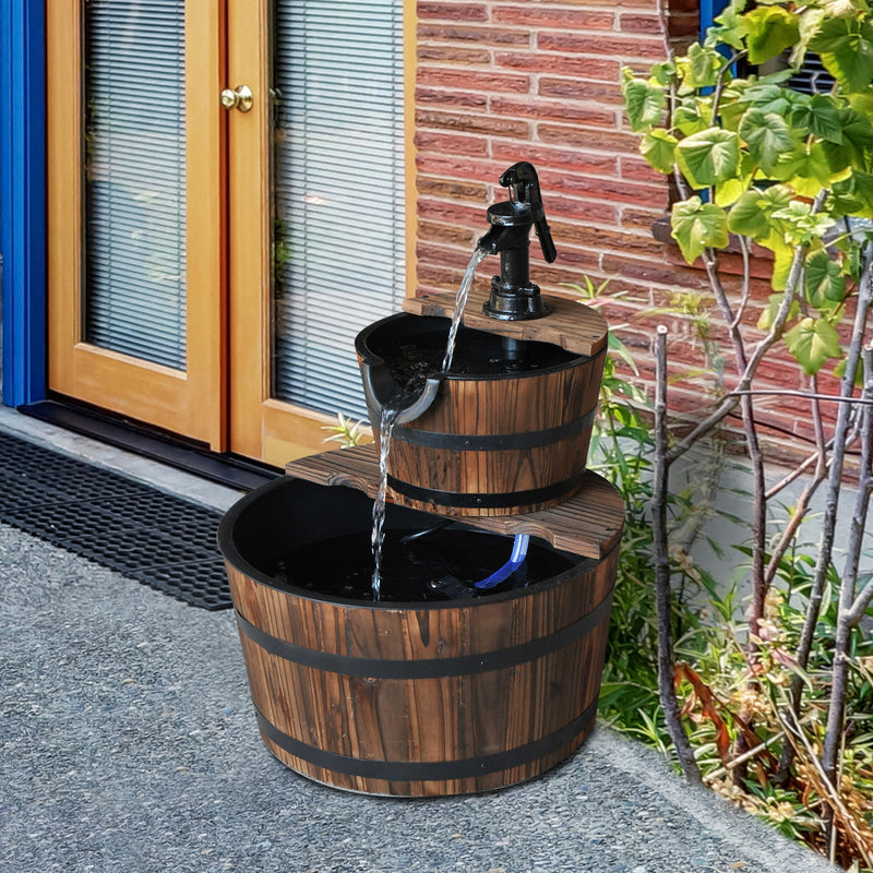 2-Tier Wooden Barrel Water Fountain with Electric Pump Cascading Feature Outdoor Indoor Decoration