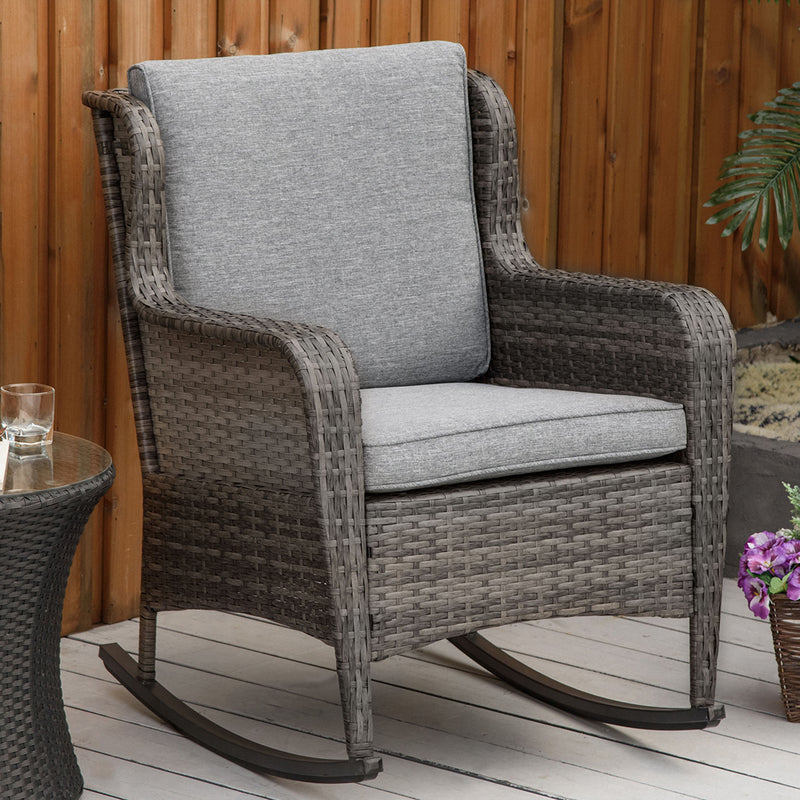 Outdoor Wicker Rocking Chair, PE Rattan Porch Rocker with Cushions, Grey