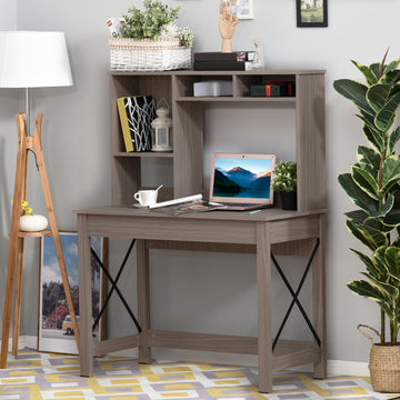 Computer Desk with Hutch, Home Office Table with Storage Shelves and Open Compartments for Writing, Work, Brown