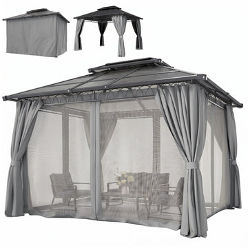 10' x 12' Outdoor Gazebo Canopy, Double Roof Hardtop Gazebo with Polycarbonate Roof, Steel Frame, Nettings and Curtains, for Garden, Lawn, Backyard and Deck, Light Grey