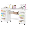 Folding Craft Table, Rolling Sewing Machine Table with Magnetic Doors, Bins, Pegs, Storage Shelf, Lockable Wheels, White