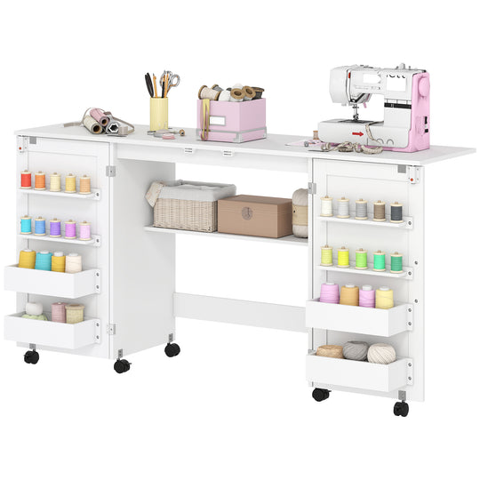 Folding Craft Table, Rolling Sewing Machine Table with Magnetic Doors, Bins, Pegs, Storage Shelf, Lockable Wheels, White