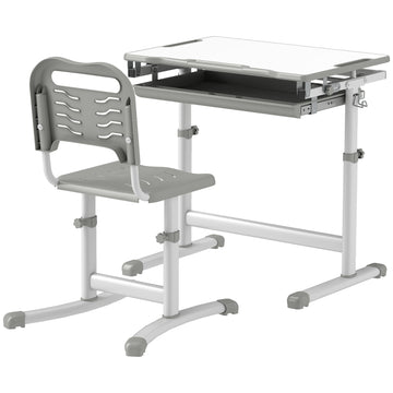 Qaba Height Adjustable Study Table and Chair Set with Drawer, Pen Slot, Tiltable Desktop, Hook, Grey