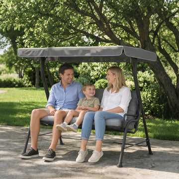 3-Person Porch Swing Chair, Patio Swing Bench with Adjustable Canopy, Removable Thicken Cushion and Weather Resistant Steel Frame for Outdoor, Garden, Poolside, Light Grey