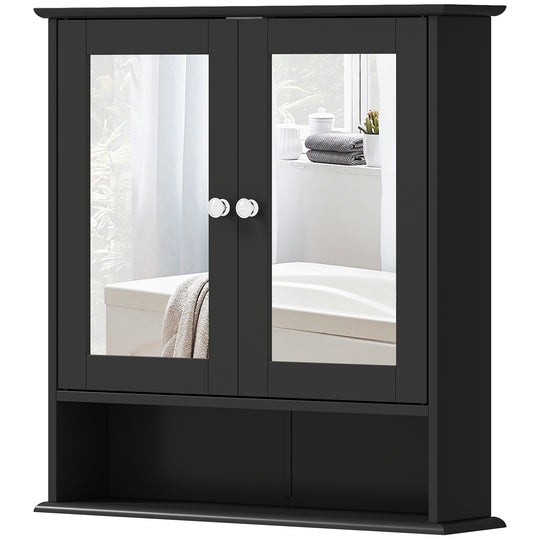 Medicine Cabinet, Wall-Mounted Medicine Cabinet with Mirror with Double Doors, Open Shelf, and Adjustable Shelf, Modern Bathroom Wall Cabinet, Black