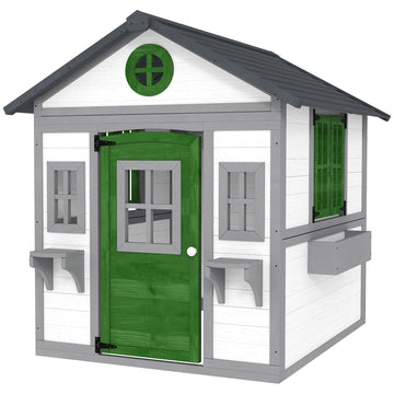 Kids Wooden Outdoor Playhouse for Toddlers aged 3–8, featuring Door, Windows, Planter Pots and Boxes, Garden Cottage Style Backyard Playhouse, White