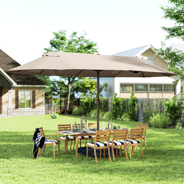 15' Outdoor Patio Umbrella with Twin Canopy Sunshade Steel Table Umbrella with Lift Crank, Cross base, Sandbag, Khaki