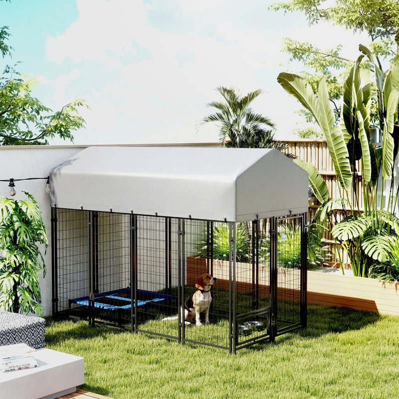 8' x 4' x 6' Outdoor Dog Kennel, Dog Kennel Outside Run with 360° Rotating Bowls, Waterproof & UV Resistant Cover, Silver