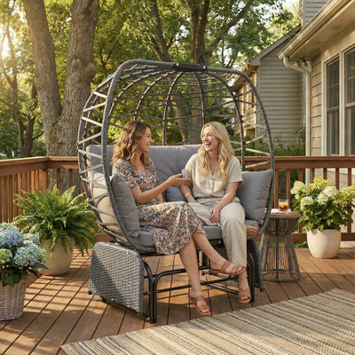 Double Outdoor Glider Egg Chair, Outdoor Loveseat Glider with Cushions and Pillows, Dark Grey