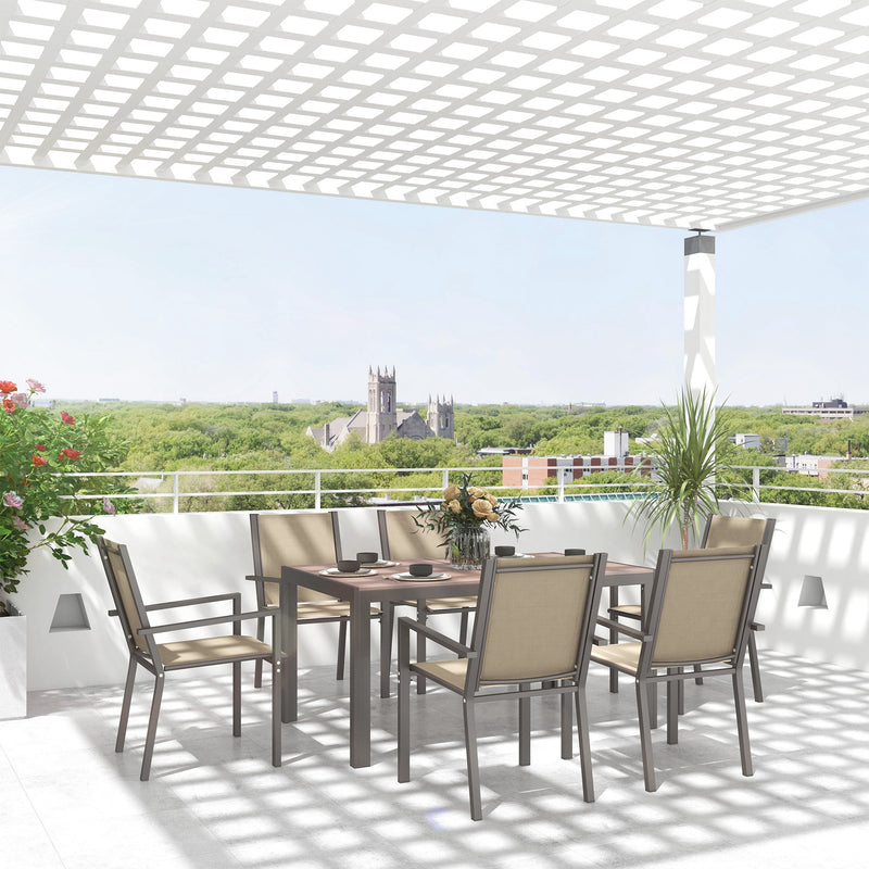 7 Piece Outdoor Dining Set with Rectangular Table and 6 Stackable Chairs, for Backyard, Lawn, Deck, Balcony, Pool Side