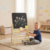 Qaba Wooden Kids Art Easel with Double-Sided Chalkboard, Clock, Abacus, Blackboard Eraser for Painting, for Ages 2+, Natural