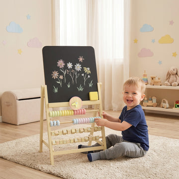 Chevalet d'art en bois pour enfants Qaba avec tableau noir double face, horloge, boulier, effaceur de tableau pour la peinture, pour les 2 ans et plus, naturel