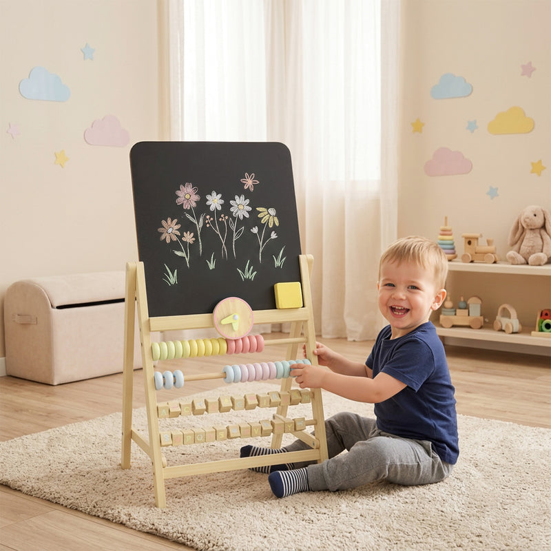 Qaba Wooden Kids Art Easel with Double-Sided Chalkboard, Clock, Abacus, Blackboard Eraser for Painting, for Ages 2+, Natural
