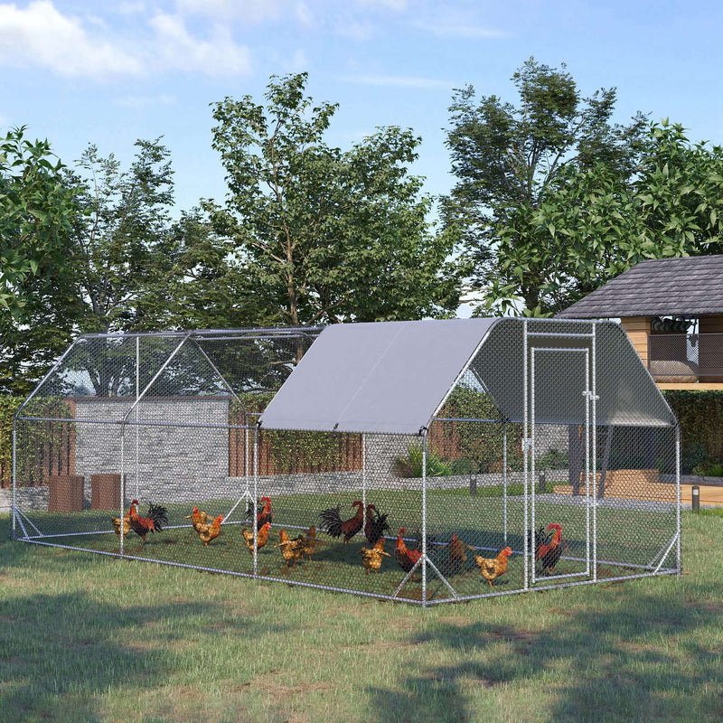 Chicken Run Outdoor, Galvanized Large Metal Chicken Coop Cage, Walk-in Enclosure Poultry Hen Run House Playpen Rabbit Hutch with Flat Roof, Cover, 9.2'x18.7'x6.5'
