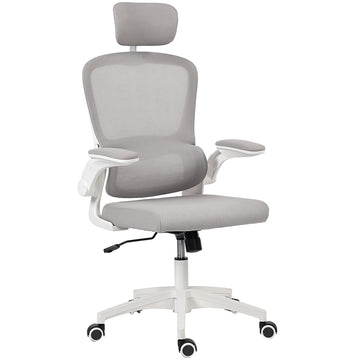 Ergonomic Mesh Office Chair, High Back Desk Chair with Rotatable Headrest, Flip-Up Armrests, Lumbar Support, Grey