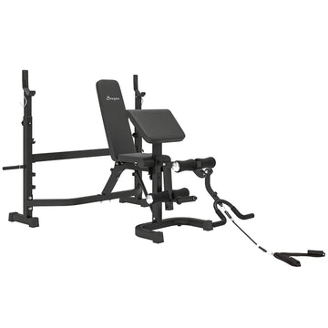 Soozier Weight Bench Stand with Squat Rack, Adjustable Olympic Bench, Multifunctional Arm Curl Pad, Leg Extension, Grey