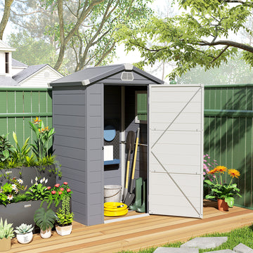 4.4' x 3.3' Plastic Garden Storage Shed with Latch Door, Vents, Sloped Roof, Grey