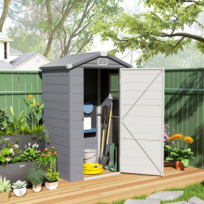 4.4' x 3.3' Plastic Garden Storage Shed with Latch Door, Vents, Sloped Roof, Grey