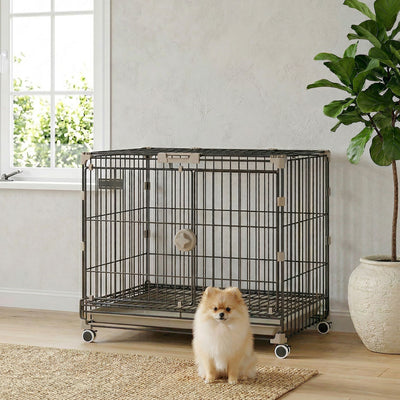 Foldable Dog Crate, 24 Inch Metal Dog Cage with Removable Tray, Lockable Wheels, 2 Doors for Small Medium Breeds, Black