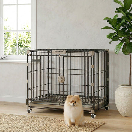 Foldable Dog Crate, 24 Inch Metal Dog Cage with Removable Tray, Lockable Wheels, 2 Doors for Small Medium Breeds, Black