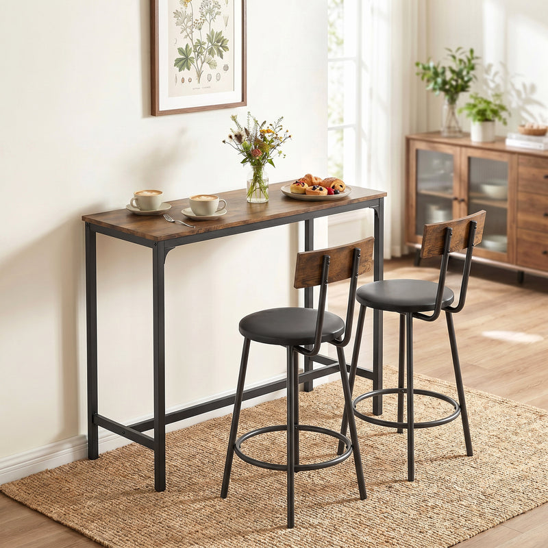 Bar Table Set Counter Height Barstools Set of 2 PU Cushioned Seats Rustic Brown