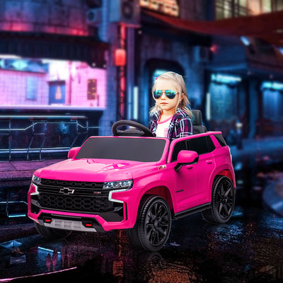 Licensed Chevrolet Tahoe Kids Ride on Car, 12V 7AH Toddler Electric Car with Parent Remote Control, 3 Speeds, Spring Suspension, LED Light, Horn, Music, Pink