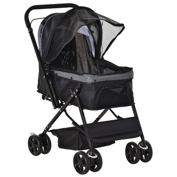 Foldable Cat Dog Travel Carriage, 4 Wheels Pet Stroller with EVA Wheel Brake, 3-stage Canopy, Mesh Window Door, Black