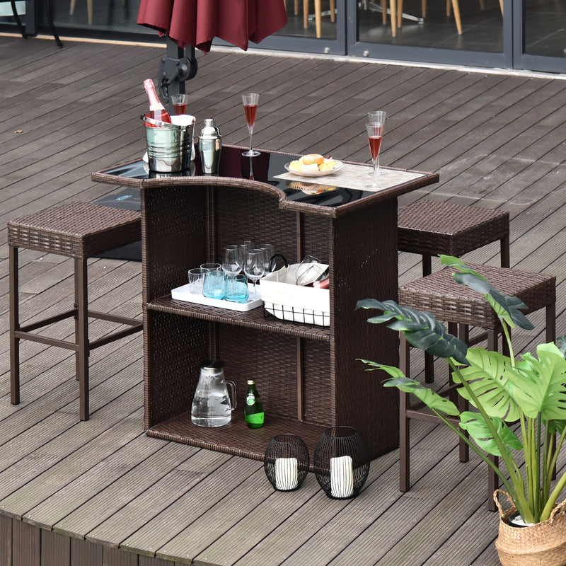 5 Pieces Patio Bar Set, Outdoor PE Rattan Wicker High Top Outdoor Table and Chairs Outdoor Bar Set with Tempered Glass Top Bar Table and Shelves, 4 Bar Chairs, Dark