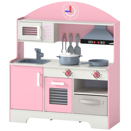 Wooden Play Kitchen Set for Kids with Real Lights & Sounds, 5PCs Accessories, Gift for Boys & Girls, Ages 3-6, Pink