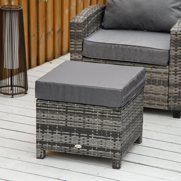 Patio Rattan Ottoman, Outdoor Wicker Footrest with Soft Cushion, Metal Frame for Backyard, Garden, and Poolside, Grey