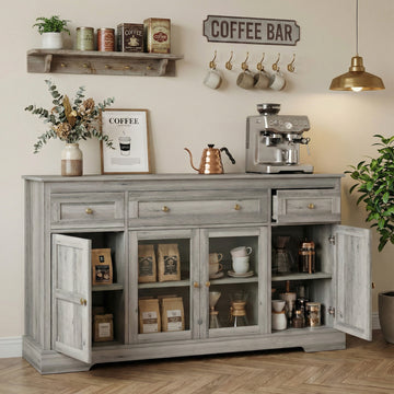 Sideboard Buffet Cabinet with Storage, Coffee Bar Cabinet with Glass Doors and Adjustable Shelves, Distressed, Grey