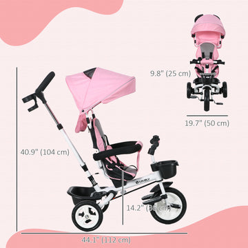 Qaba 6 in 1 Toddler Tricycle with Parent Push Handle, Canopy, Storage Baskets, Cupholder, Pink