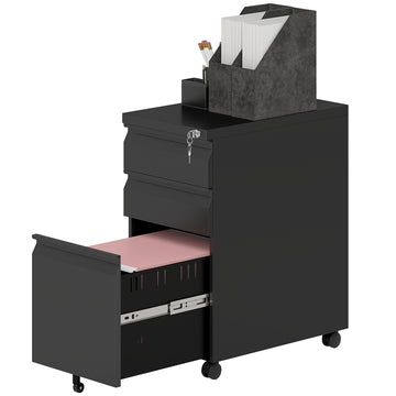 3 Drawer Filing Cabinet with Lock, Steel Office Storage Cabinet with Hanging Bar for A4, Legal, Letter Files, Black