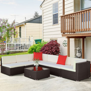 7 Pieces Patio Furniture Set, Rattan Conversation Set Garden Wicker Sofa Set with Washable Cushions and Coffee Table, All Weather PE Rattan Sectional Sofa, Beige