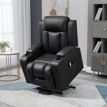 Electric Power Lift Chair, PU Leather Recliner Sofa with Footrest, Remote Control and Cup Holders, Black