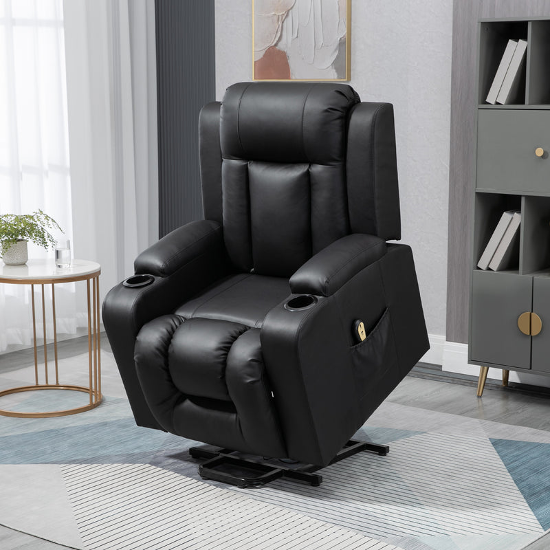 Electric Power Lift Chair, PU Leather Recliner Sofa with Footrest, Remote Control and Cup Holders, Black