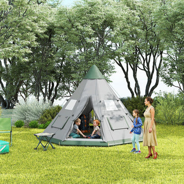 6 People Camping in a Family Teepee Tent with Mesh Windows, Tent Floor, Door and Carry Bag for Hiking, Picnic, Grey
