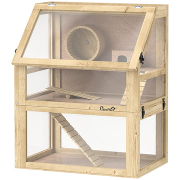 Wooden Hamster Cage, 3 Tier Gerbil Cage with Deep Bottom, Hut, Seesaw, Exercise Wheel, Ramps, 24