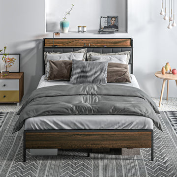 Full Size Bed Frame with Charging Station, Full Bed Frame with Upholstered Headboard and Storage Shelf, Walnut
