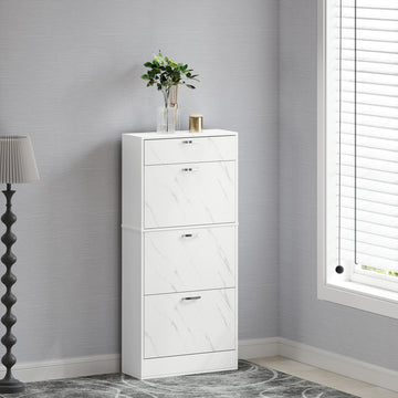 3 Flip Drawer Shoe Cabinet, Marble-Effect Narrow Shoe Storage Cabinet with Top Drawer and Adjustable Shelves, White