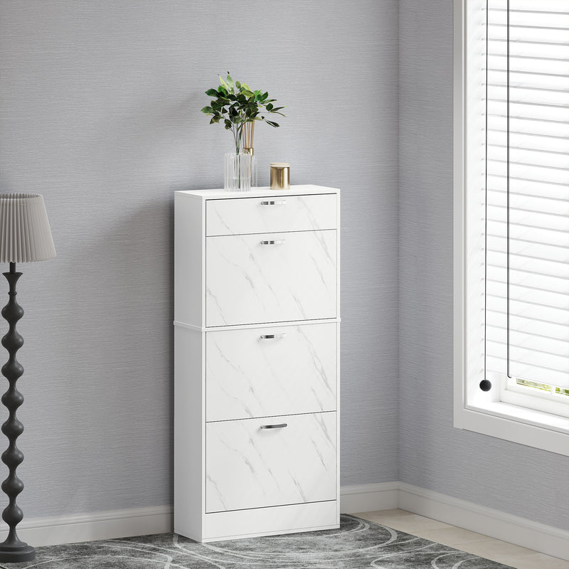 3 Flip Drawer Shoe Cabinet, Marble-Effect Narrow Shoe Storage Cabinet with Top Drawer and Adjustable Shelves, White