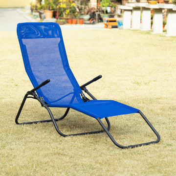 Foldable Patio Lounge Chair, Outdoor Beach Lounger with Breathable Mesh Fabric, Zero Gravity Chair with Reclining, Footrests, and Armrests, for Garden, Pool, Blue