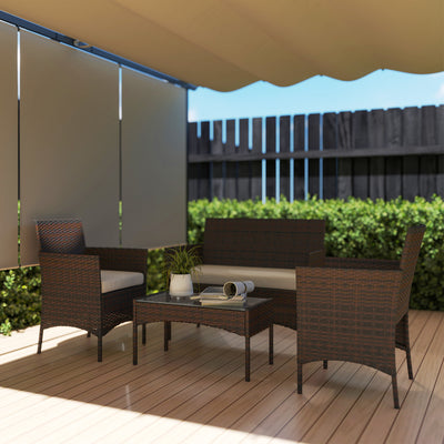 4 Pieces Wicker Outdoor Balcony Furniture Set Rattan Patio Furniture Set with Loveseat Chairs Glass Coffee Table