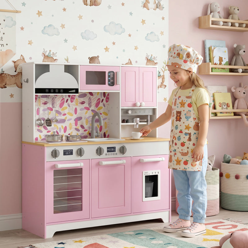 Qaba Play Kitchen, Kids Kitchen Playset with Coffee Maker, Ice Maker, Clicking Knobs, Storage, Accessories for 3-8 Years