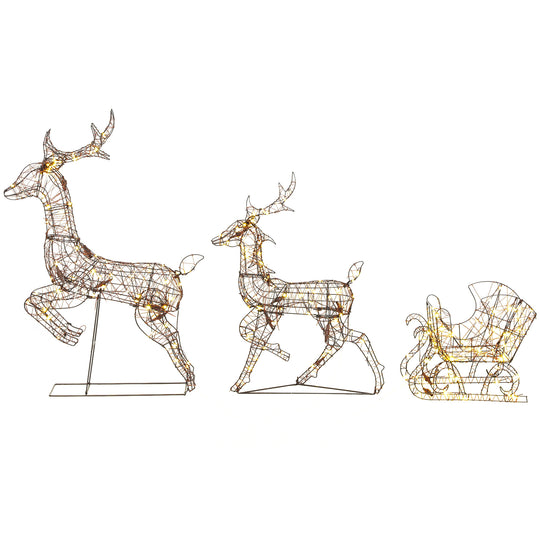 3-Piece Lighted Reindeer and Sleigh Set, PP Rattan Outdoor Christmas Decoration with LEDs, 8 Modes, Daily Timer