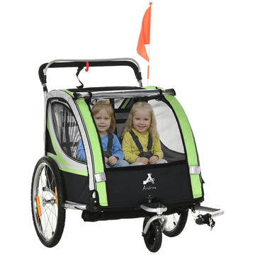 2 Seat Bike Trailer for Kids 2-in-1 Double Baby Stroller with Handbrake, Rubber Wheels, 5 Point Harness, Waterproof Cover, Storage Bag, Reflectors