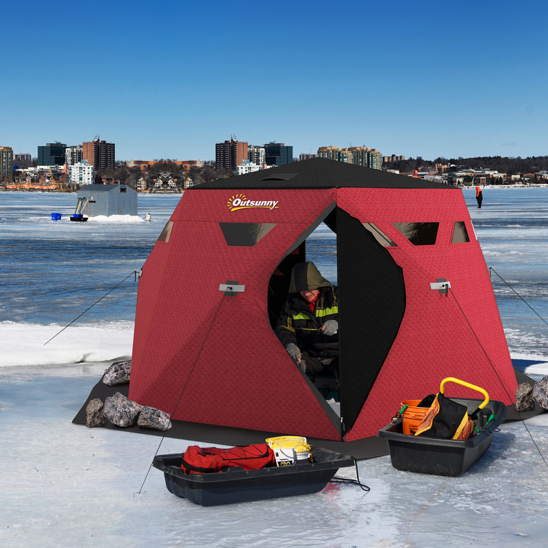 4 Person Insulated Ice Fishing Shelter, Pop-Up Portable Ice Fishing Tent with Carry Bag and Two Doors for -22℉, Red