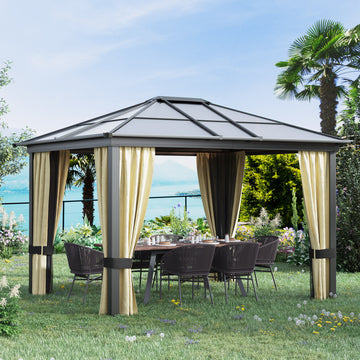 10' x 12' Hardtop Gazebo Canopy with Polycarbonate Roof, Aluminum Frame, Netting, Curtains and Ceiling Hook, Brown
