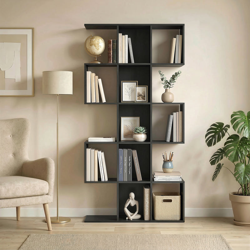 5-Tier Bookshelf, S Shaped Geometric Bookcase with 15 Compartments, Black Wood Grain